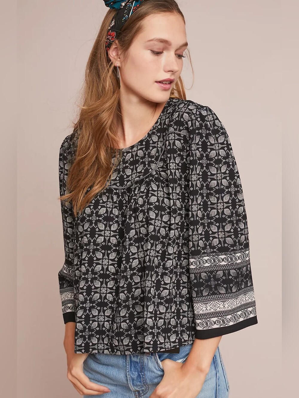 AMADI Anthropologie Mod Printed Blouse Women's L Boho Peasant